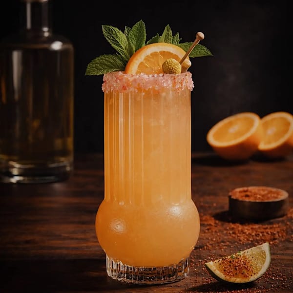 A tall, orange cocktail with a salt rim, garnished with mint and an orange slice.