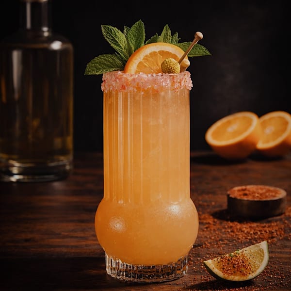 Orange cocktail with mint, orange slice, and a sugar-salted rim on a wooden table.