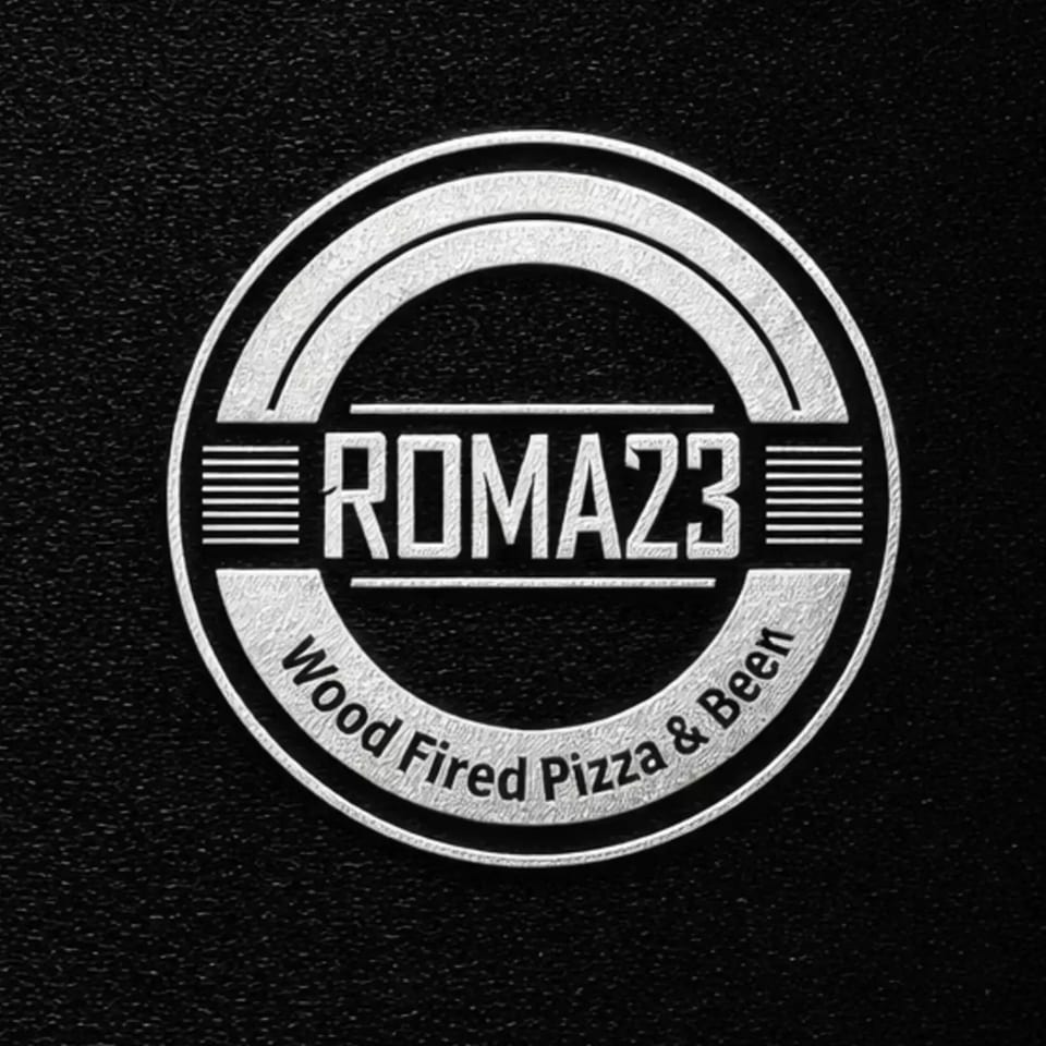 Silver Roma23 Wood Fired Pizza & Beer logo on a textured black background.