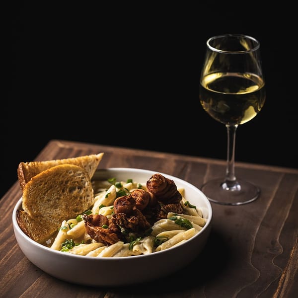 Creamy pasta with fried mushrooms and garlic bread, paired with a glass of white wine.